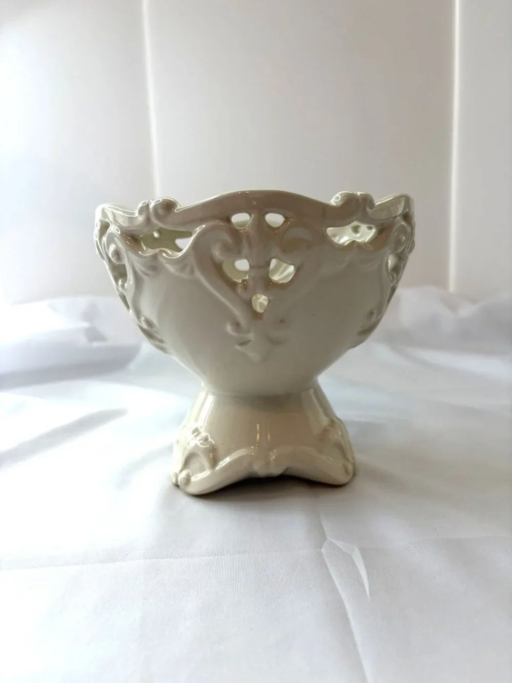 Vintage Cream Pedestal Bowl Pierced Openwork Rim Ornate Footed Compote MCM